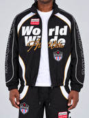 Men's black Copper Rivet windbreaker jacket with zip-up front and logo detail, stylish and lightweight outerwear.