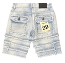 FWRD Patchwork Denim Shorts in ice blue, showing distressed details and frayed hem, casual summer denim shorts for women.