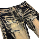 Distressed acid-wash jeans in a brown and beige bleach-splattered finish, shown laid flat against a white background. By Fresh N Fitted.