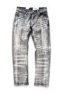 A pair of straight-fit jeans in a washed gray denim with a distressed, faded white pattern, shown flat against a white background. By fresh n fitted.