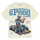 T-shirt with a racing driver graphic and 'Speed Maker' text on a white background. By Fresh N Fitted.