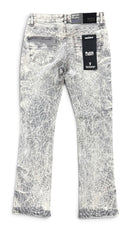 Men's black light spider web flare fit denim by BLACK LIGHT, stacked denim style in grey, with a distinctive web pattern.