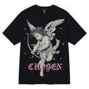 Black t-shirt with an angel graphic and 'Chosen' text on a white background. By Fresh N Fitted.