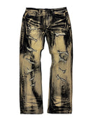 Distressed denim jeans with a faded brown and tan wash, featuring heavy rips and frayed details down the front legs, shown against a plain white background. By Fresh N Fitted.
