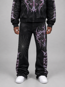 RARE PEACE 'The End' All Over Print Rhinestone Flared Sweatpants in Black