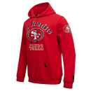 Pro Standard San Francisco 49ers red hoodie featuring Old English team logo and design, casual sportswear with front pocket and hood