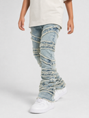 A child wearing light-wash distressed denim jeans with horizontal frayed cut-through details, paired with a cream t-shirt and white sneakers, shown from the waist down on a light gray studio background.