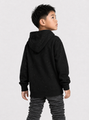 A young boy shown from the back wearing a black hooded sweatshirt with a subtle tonal star pattern, paired with dark gray ruched pants, against a light gray studio background.