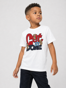 A young boy wearing a white short-sleeve t-shirt with a colorful 'Get Ready, Get Set, Get DONE' graphic featuring teddy bears, paired with dark jeans, against a light gray studio background.