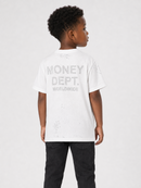 A child model shown from the back wearing a white short-sleeve t-shirt with distressed gray text reading 'MONEY DEPT. WORLDWIDE' on the back, paired with dark jeans, against a light gray studio background.
