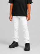 A person wearing white distressed skinny jeans with ripped details, paired with a black t-shirt and black sneakers, shown from the waist down on a light gray studio background.