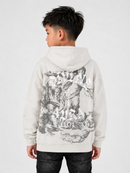 A child model shown from the back wearing a light beige hoodie with a large black and white graphic print on the back, paired with dark jeans, against a plain light gray background.