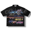 Black Polo shirt with cars at a dine in. By Fresh N Fitted.