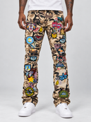 Men's FOCUS Patchwork Stacked Denim jeans in desert camo, showcasing distressed denim with patchwork details and a rugged camo pattern.