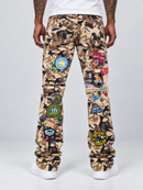 Men's Focus Patchwork Stacked Denim jeans in desert camo, showcasing a rugged, stylish denim design with layered patchwork details.