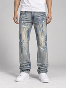 Men’s Makobi Jevanni straight fit denim jeans in dirt wash, showing classic five-pocket style and distressed details.