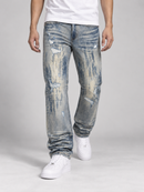 Men’s MAKOBI Jevanni straight fit denim jeans in dirt wash with classic five-pocket design and distressed detailing.