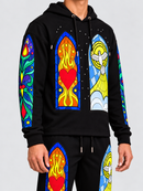 Black Pike stained glass hoodie in black with detailed stained glass design, casual fit, and front pocket.