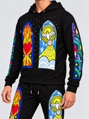 Black Pike stained glass hoodie in black, featuring a detailed stained glass design on the front, casual hoodie style.