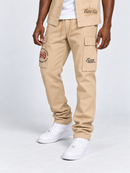 Makobi Elite Club stacked twill pants in khaki, showcasing relaxed fit and stylish design on a neutral background.