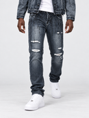 Smugglers Moon crystallized slim denim pants in washed black with subtle distressed details, showcasing a fitted style and classic denim texture.