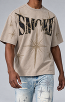 Smoke Rise Starry Smoke wide crop tee in chipmunk color, featuring a relaxed fit and starry smoke graphic on the front.