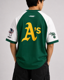 Pro Standard Oakland Athletics 'First Team' Short Sleeve Raglan Shirt in Eggshell/Kelly Green