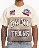 BKYS Mens ‘Saint Tears' Oversized Cropped T-Shirt in Beige