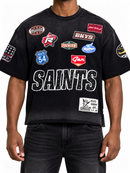 Men's BKYS 'Sports Academy' Multi Patch Oversized Cropped T-Shirt in Black