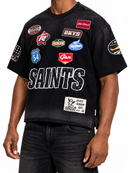 Men's BKYS 'Sports Academy' Multi Patch Oversized Cropped T-Shirt in Black