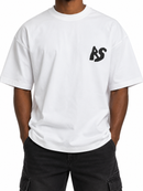 White men's RSUAVE ‘RS' puff print over-sized shirt, casual tee with bold logo design, front view showing relaxed fit and stylish details.