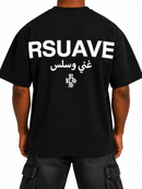 Men's RSUAVE 'Smooth' Arabic print oversized black shirt, relaxed fit, stylish men's tee with bold black and white design.