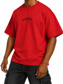 Men's RSUAVE ‘REALEZA’ red oversized shirt with center print, casual tee for men, stylish and comfortable streetwear.