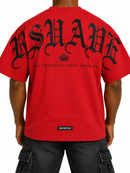 Men's RSUAVE ‘REALEZA’ oversized red shirt with center print, casual tee featuring bold graphic design and relaxed fit.