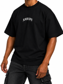Black men's RSUAVE ‘REALEZA’ oversized shirt with a center print, casual tee, relaxed fit, stylish streetwear.