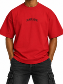 Red men's RSUAVE ‘REALEZA’ oversized shirt with a center print, casual TEES style, made for a relaxed fit and bold look.
