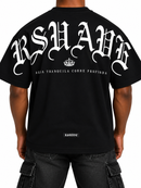 Men's RSUAVE ‘REALEZA' black center print over-sized shirt, casual tee with bold graphic design and relaxed fit.