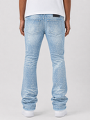 Light wash Frost Originals Amoto rhinestone stacked denim jeans, showcasing detailed rhinestone embellishments and classic denim style.