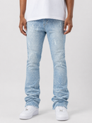 Frost Originals 'Amoto' rhinestone stacked light wash denim jeans, showcasing the stylish denim fabric and rhinestone detailing.