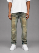 Makobi Lorenzino denim jeans in antique wash, showcasing the fit and distressed details of the stylish blue denim.
