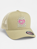MUKA Love My Haters trucker hat in oatmeal and white with adjustable mesh back and embroidered front design.