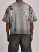 RARE PEACE 'Painted' Oversized Rhinestone Cropped Tee in Light Grey