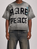 RARE PEACE 'Painted' Oversized Rhinestone Cropped Tee in Light Grey