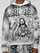 RARE PEACE 'Forever' All Over Print Oversized Pull Over Rhinestone Hoodie in Ecru