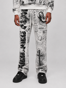 RARE PEACE 'Forever' All Over Print Rhinestone Flared Sweatpants in Ecru
