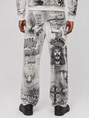 RARE PEACE 'Forever' All Over Print Rhinestone Flared Sweatpants in Ecru