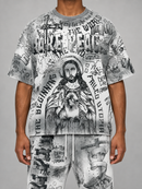 RARE PEACE 'Forever' All Over Print Oversized Rhinestone Cropped Tee in Ecru