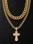 Jewelry Essentials 'Flared Cross' Double Layer Cuban Chain Set - Gold Tone