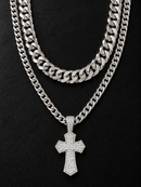 Jewelry Essentials 'Flared Cross' Double Layer Cuban Chain Set - Silver Tone