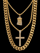 Jewelry Essentials ‘Jesus & Cross’ Triple Layer Chain Set - Gold Tone